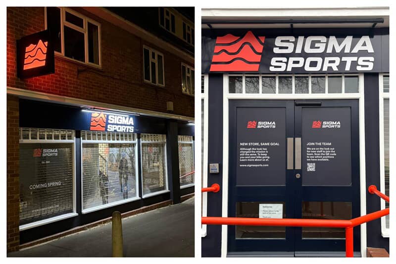 A collage of Sigma Sports exterior signage at night and during the day.